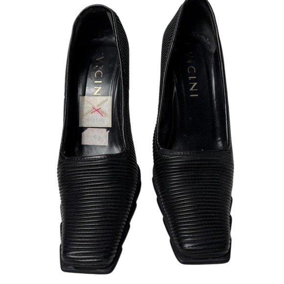 Vicini Black Ribbed Square Toe Block Heel Pumps Women's Size‎ 38 Made in Italy - Picture 2 of 6